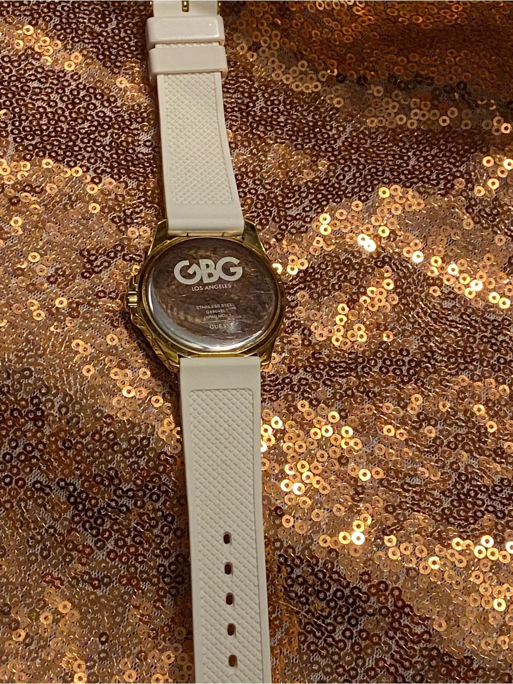 Guess G by Guess White & Gold Crystal Accent Watch | Silicone Strap | Fresh Luxe